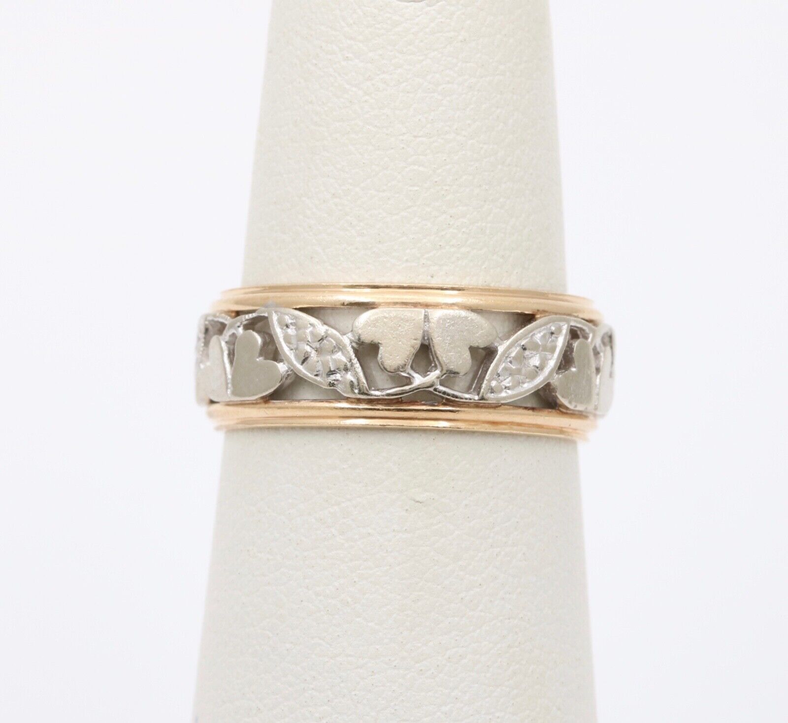 Vintage Heart and Leaves 14K White Yellow Gold Ring Band