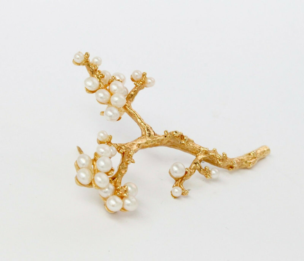 Vintage 14K Yellow Gold Pearl Branch Brooch