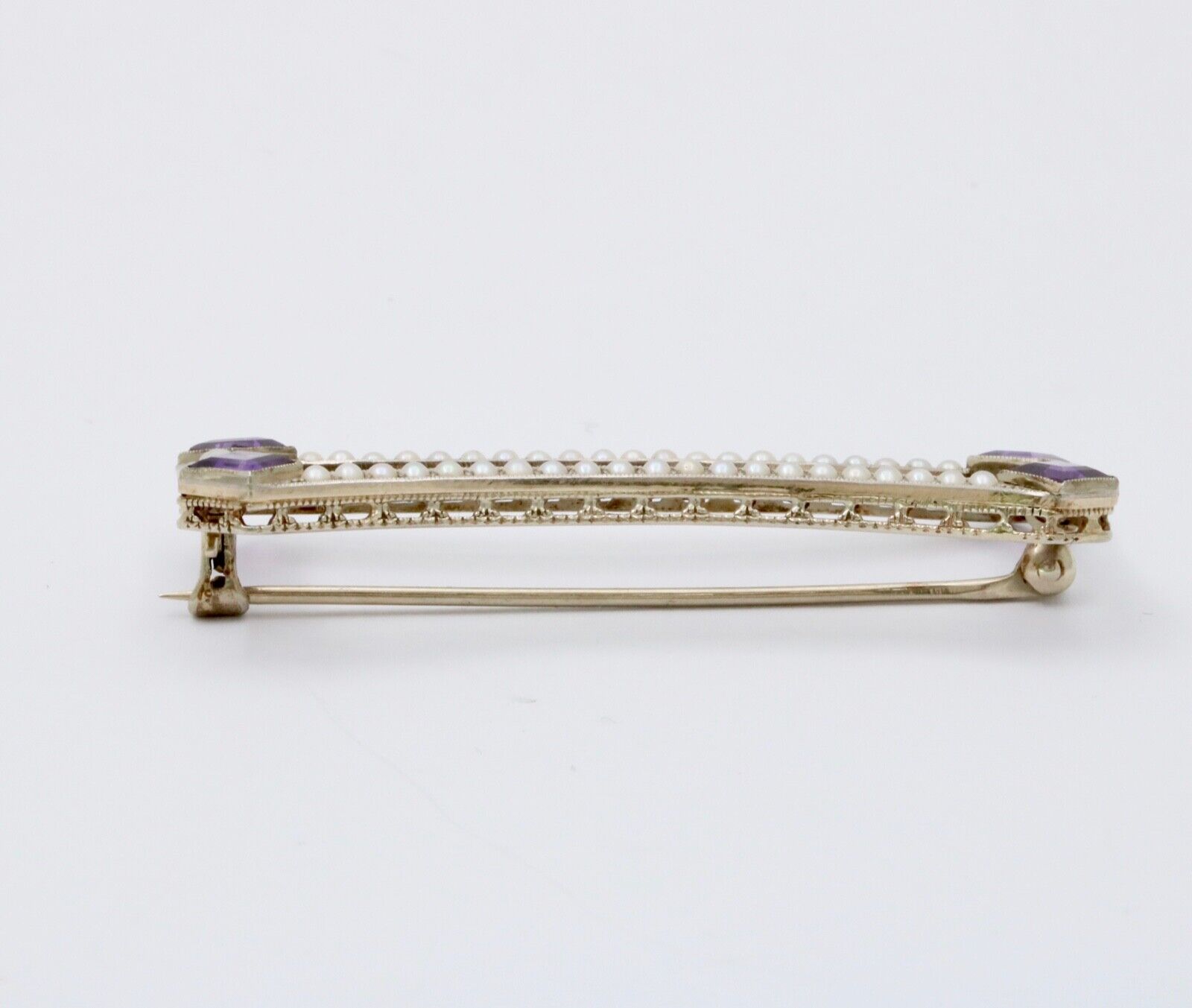 Antique Art Deco Amethyst & Split Pearl 14K White Gold Brooch, Pin