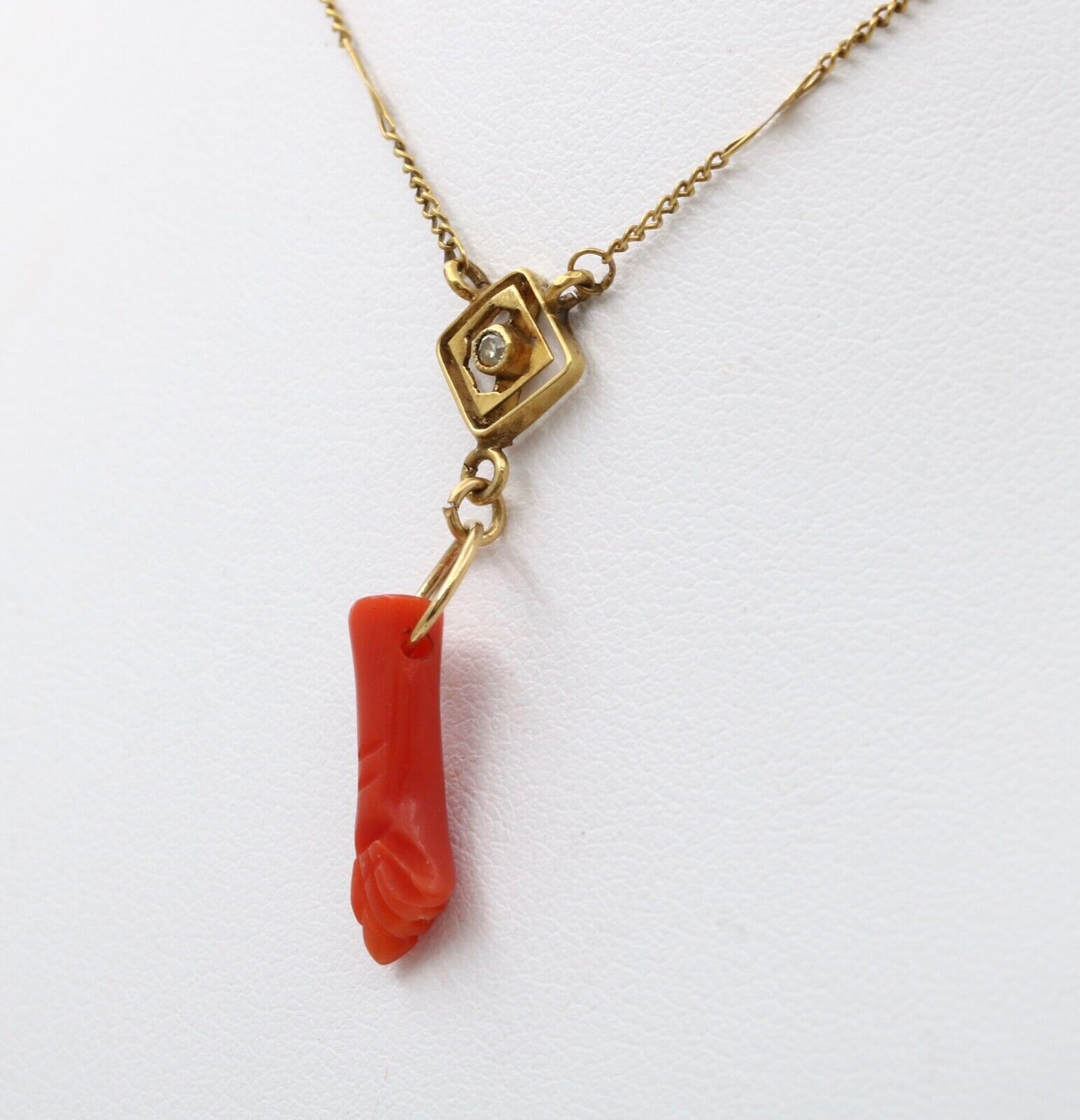 Vintage 14K Gold Diamonds Coral Figa Pendant Necklace