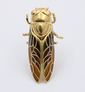 The Handcrafted 18K Yellow Gold Plique A Jour Cicada Diamond Brooch.