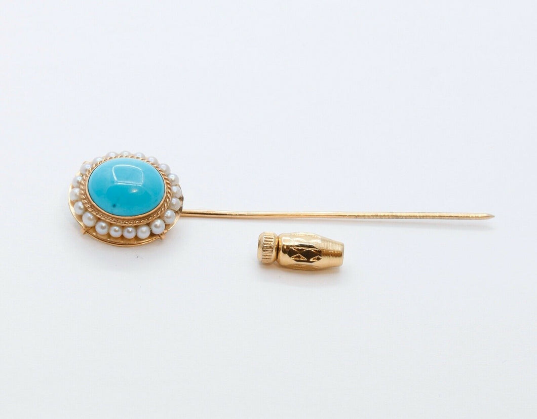 Vintage Ladies Turquoise Diamonds 14K Yellow Gold Stick Pin