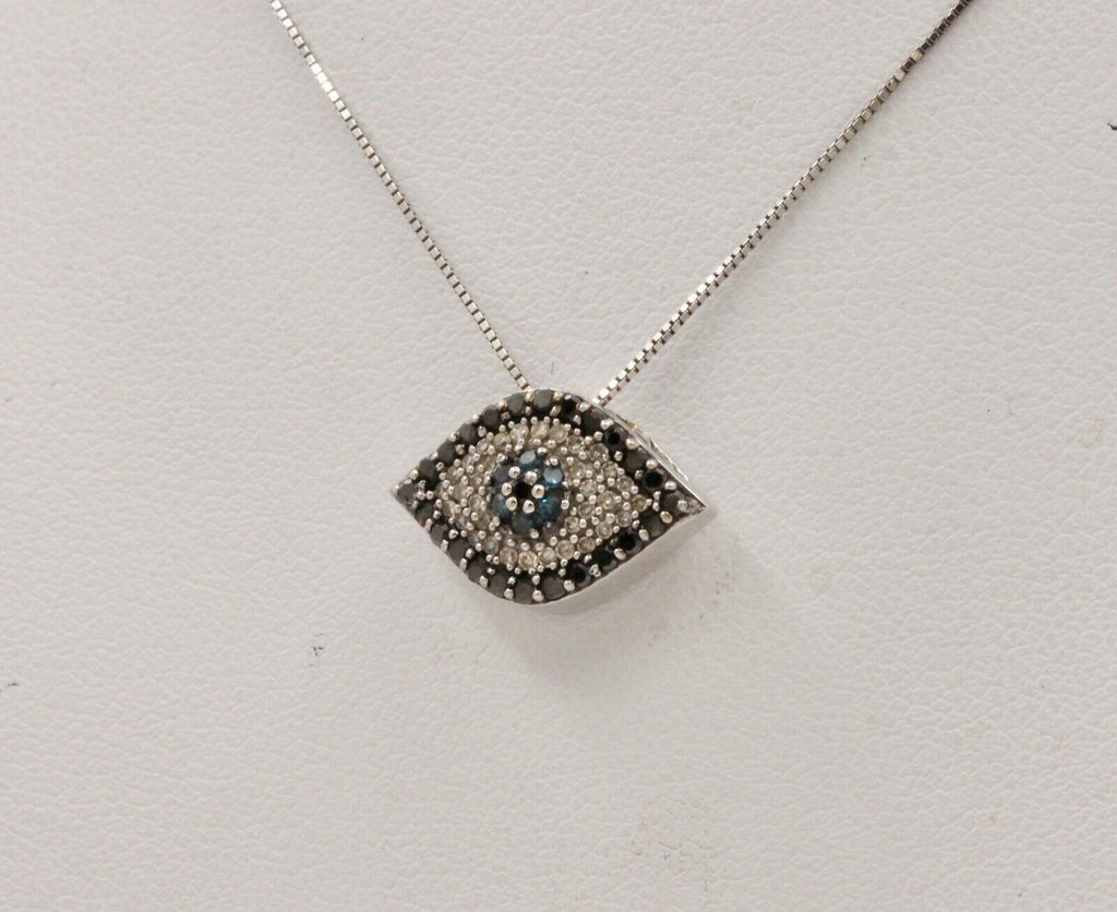 Beautiful Evil Eye Apotropaic Diamonds Sapphires 14K White Gold Pendant & Chain