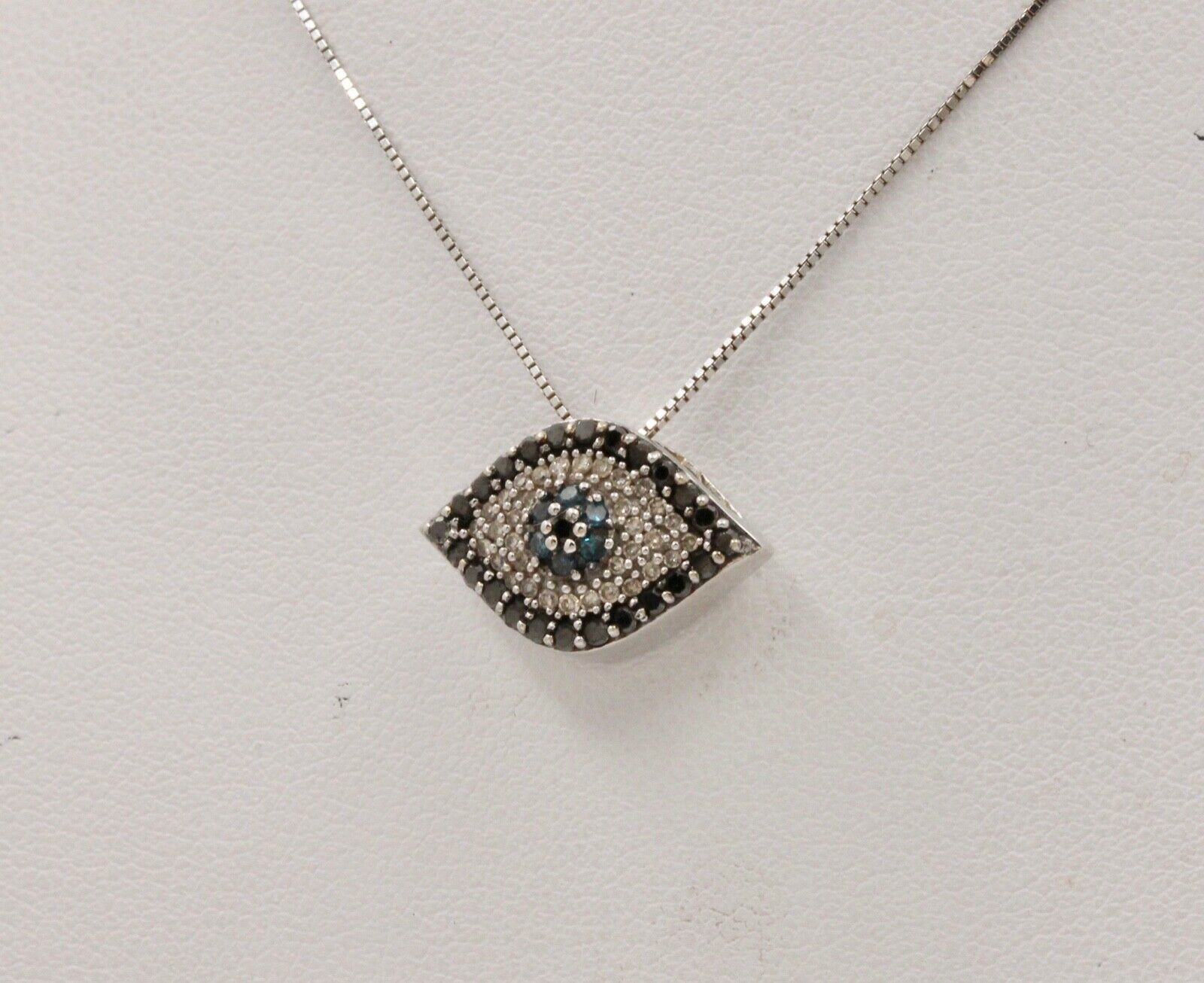 Beautiful Evil Eye Apotropaic Diamonds Sapphires 14K White Gold Pendant & Chain