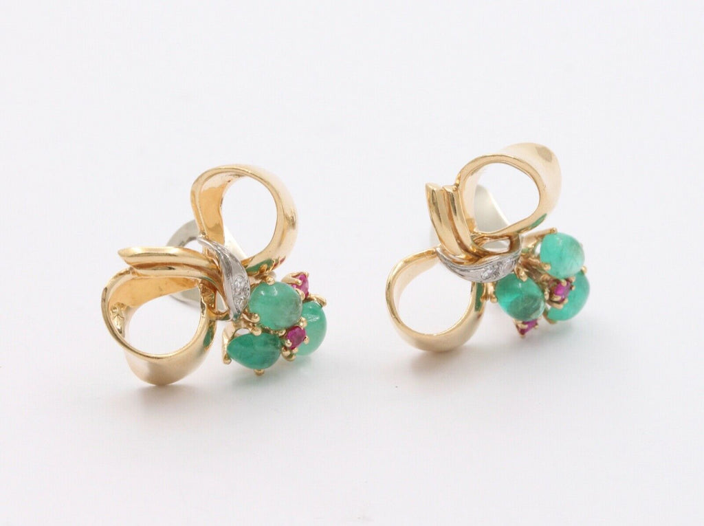 Vintage Bow Emeralds Rubies Diamonds 14K Yellow Gold Earrings