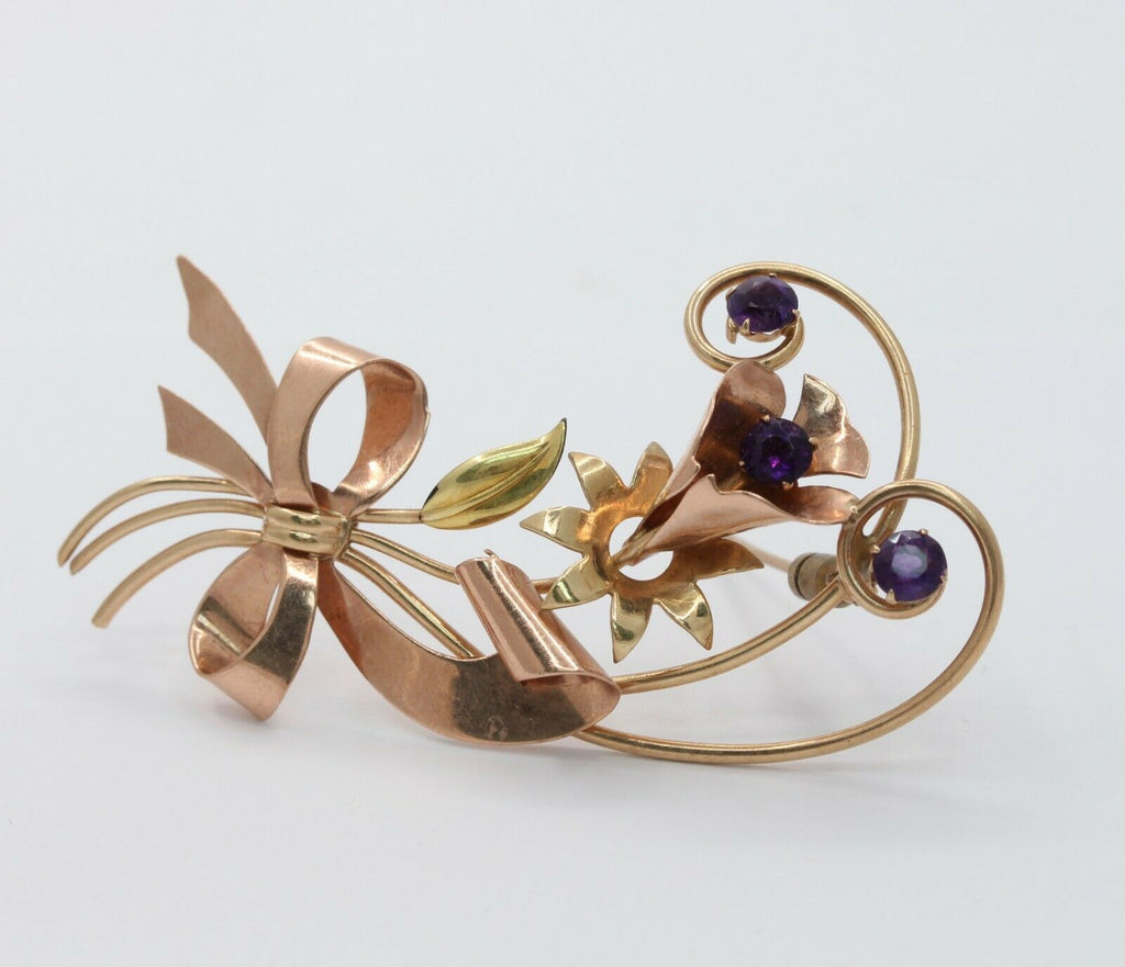 Retro 10K Rose & Yellow Gold Floral Amethyst Brooch