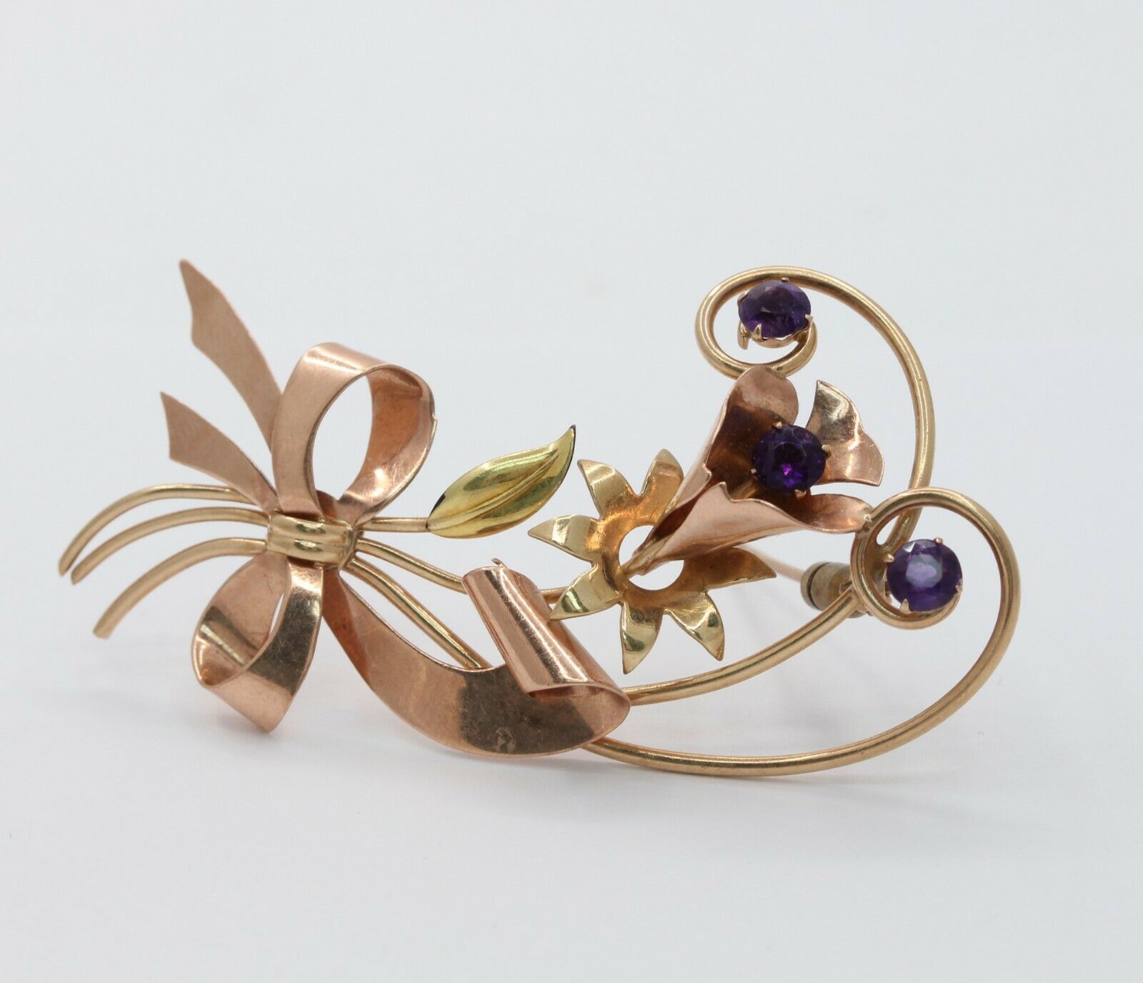 Retro 10K Rose & Yellow Gold Floral Amethyst Brooch