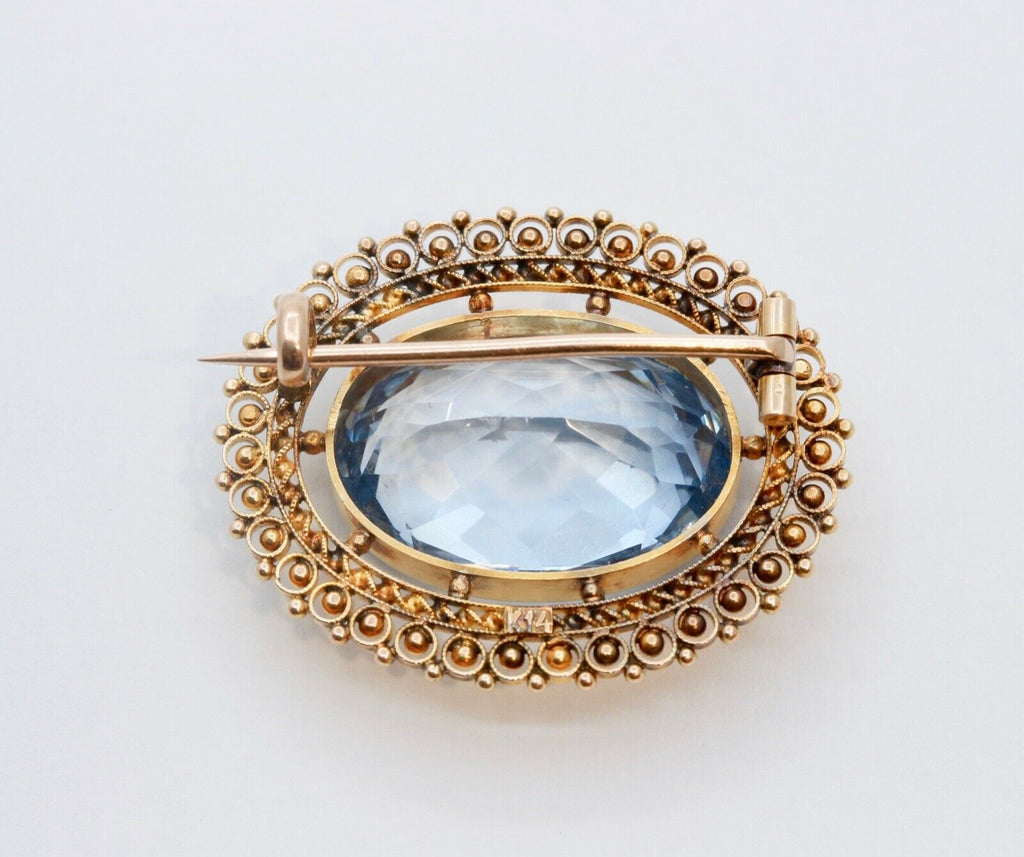 Victorian Edwardian Oval Aquamarine 14K Yellow Gold Brooch Pin