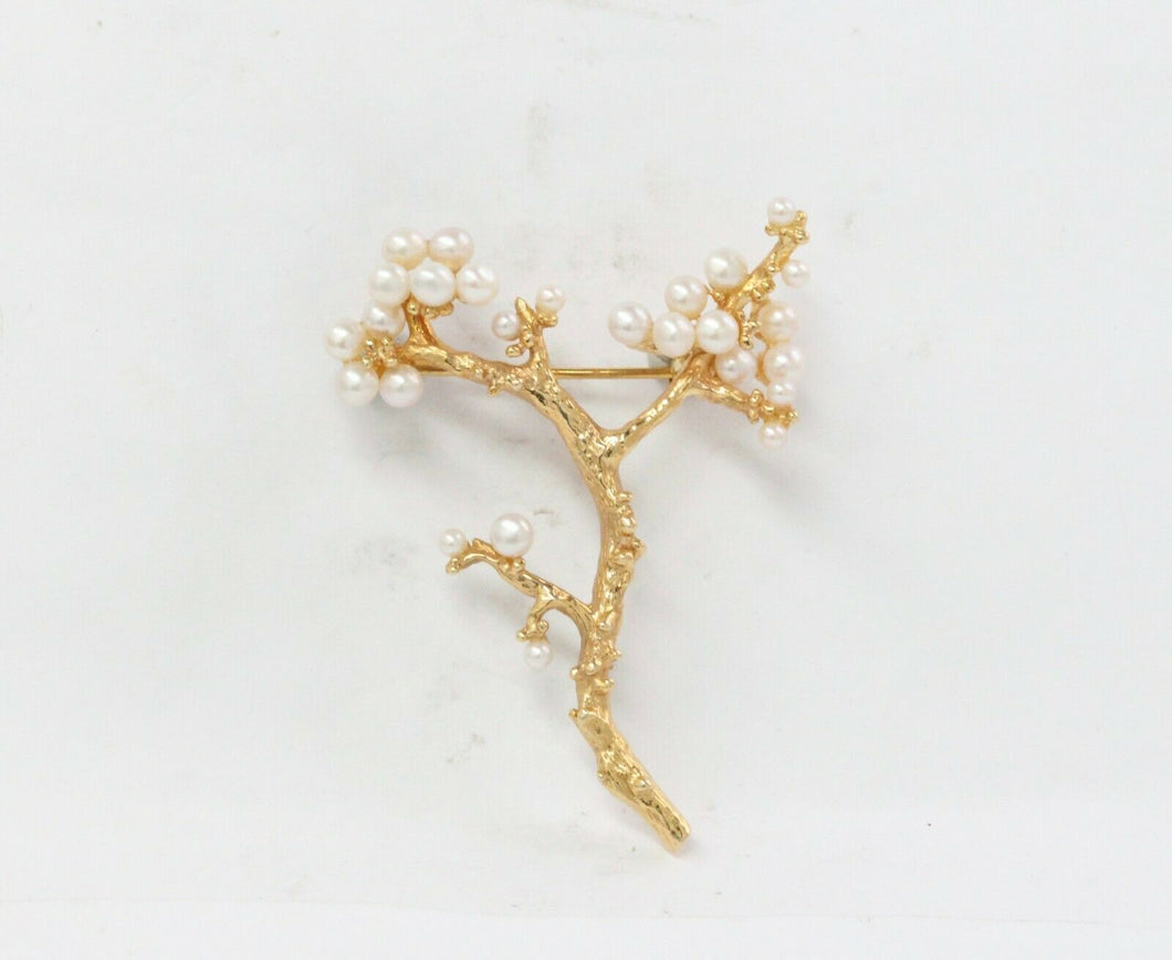 Vintage 14K Yellow Gold Pearl Branch Brooch