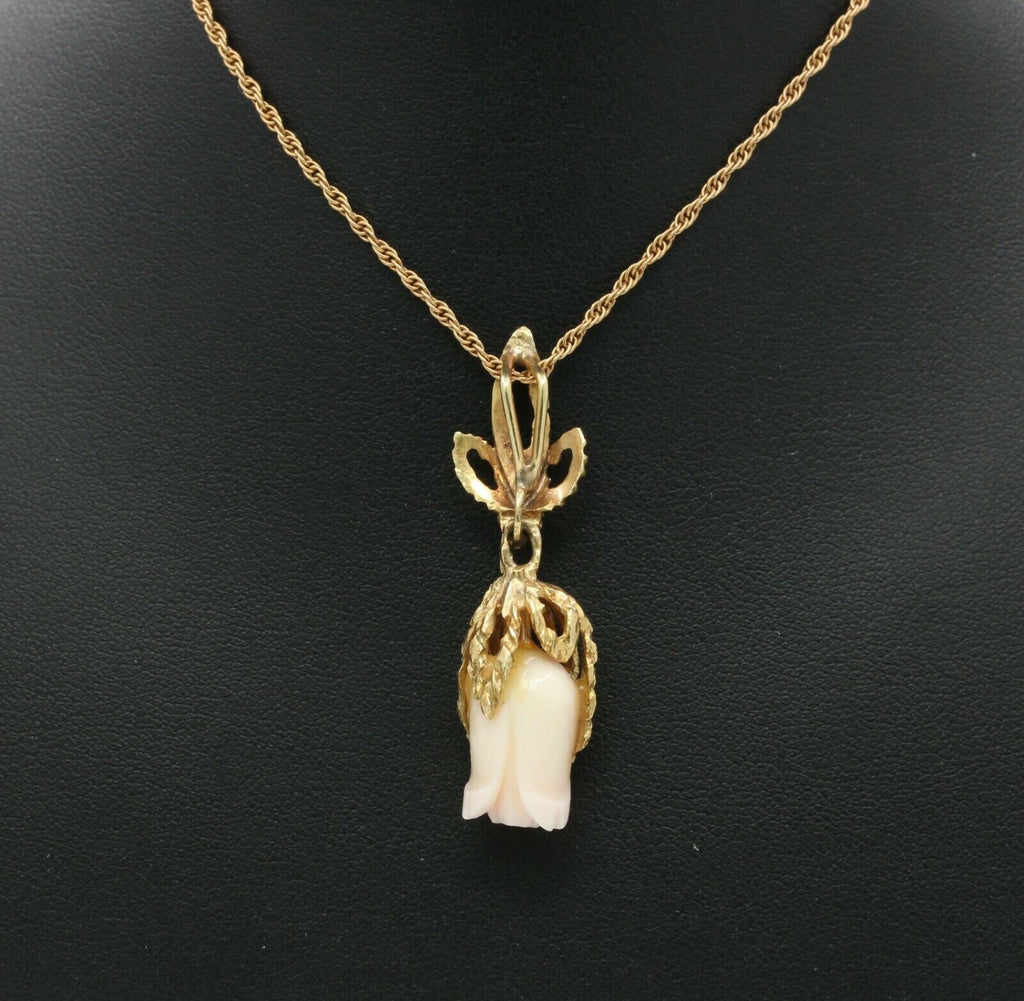 Victorian 14K Yellow Gold Angel Skin Coral Flower Carving Pendant with Chain