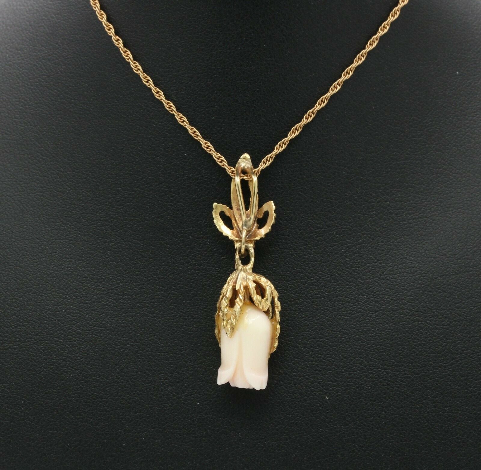 Victorian 14K Yellow Gold Angel Skin Coral Flower Carving Pendant with Chain