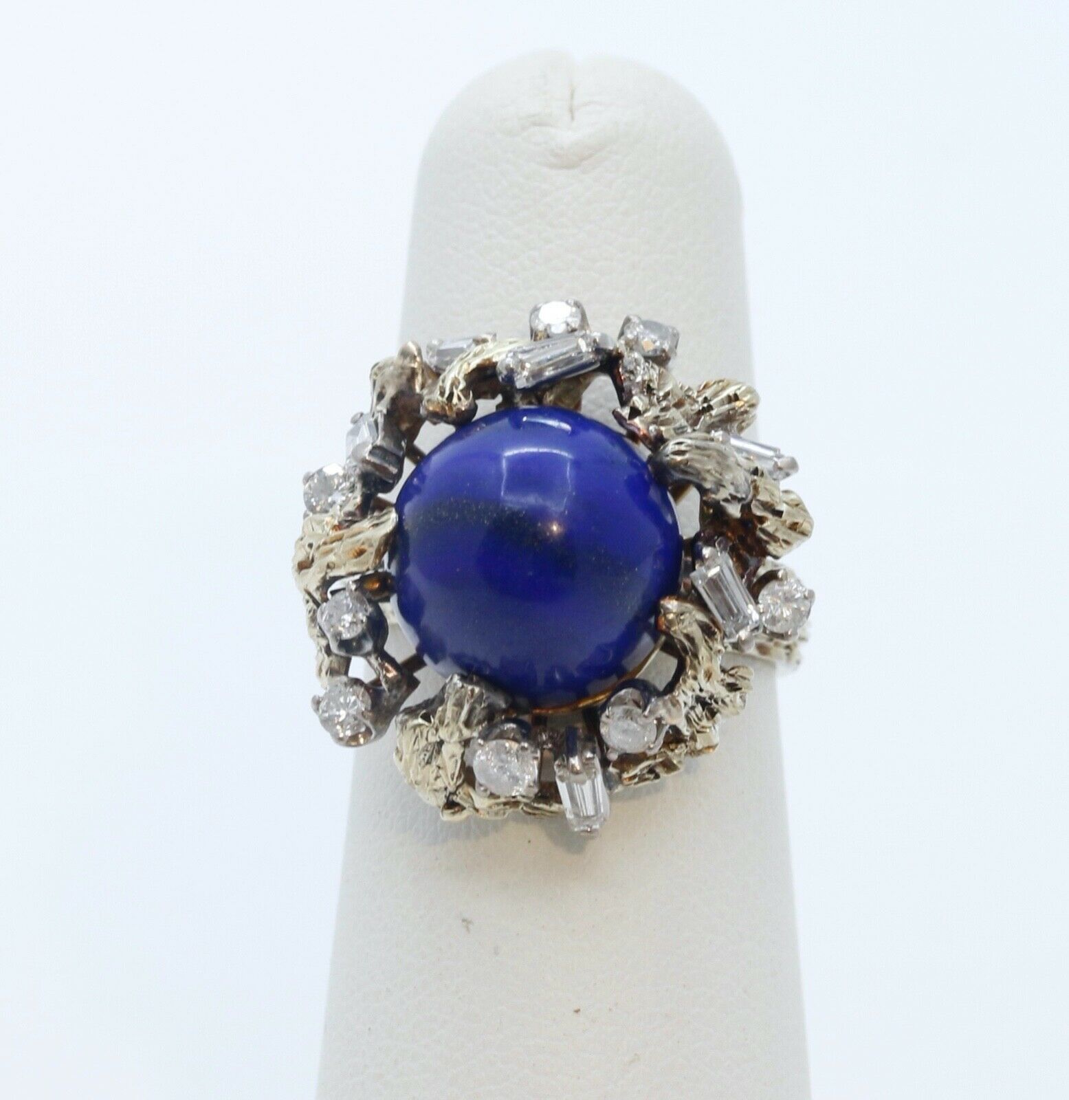 Vintage Tree Vine Cabochon Lapis Lazuli Diamonds 14K Yellow Gold Ring