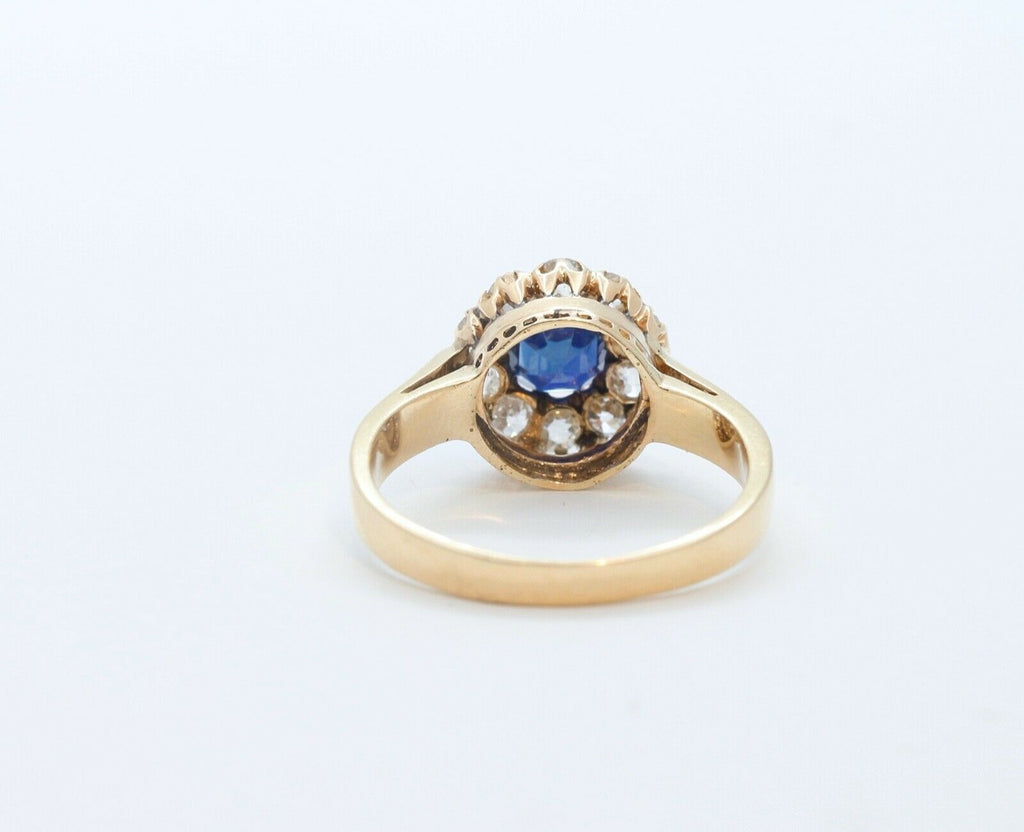 Beautiful Victorian Blue Sapphire Old Miner Cut Diamonds 18K Yellow Gold Ring