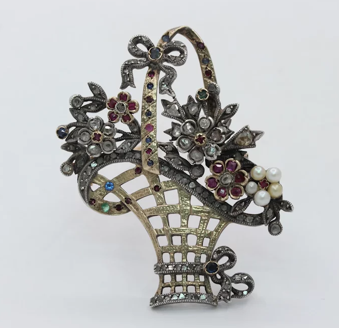 French Victorian Ladies Brooch Flower Basket 18K Ruby Diamonds Sapphires Pearl