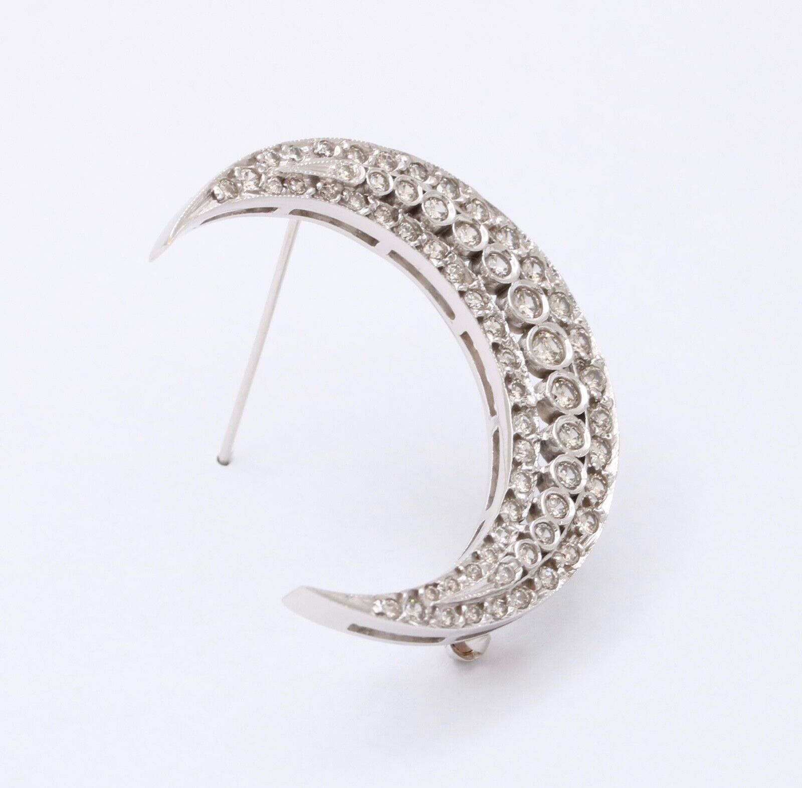 Vintage Diamonds 14K White Gold Crescent Moon Brooch Pin