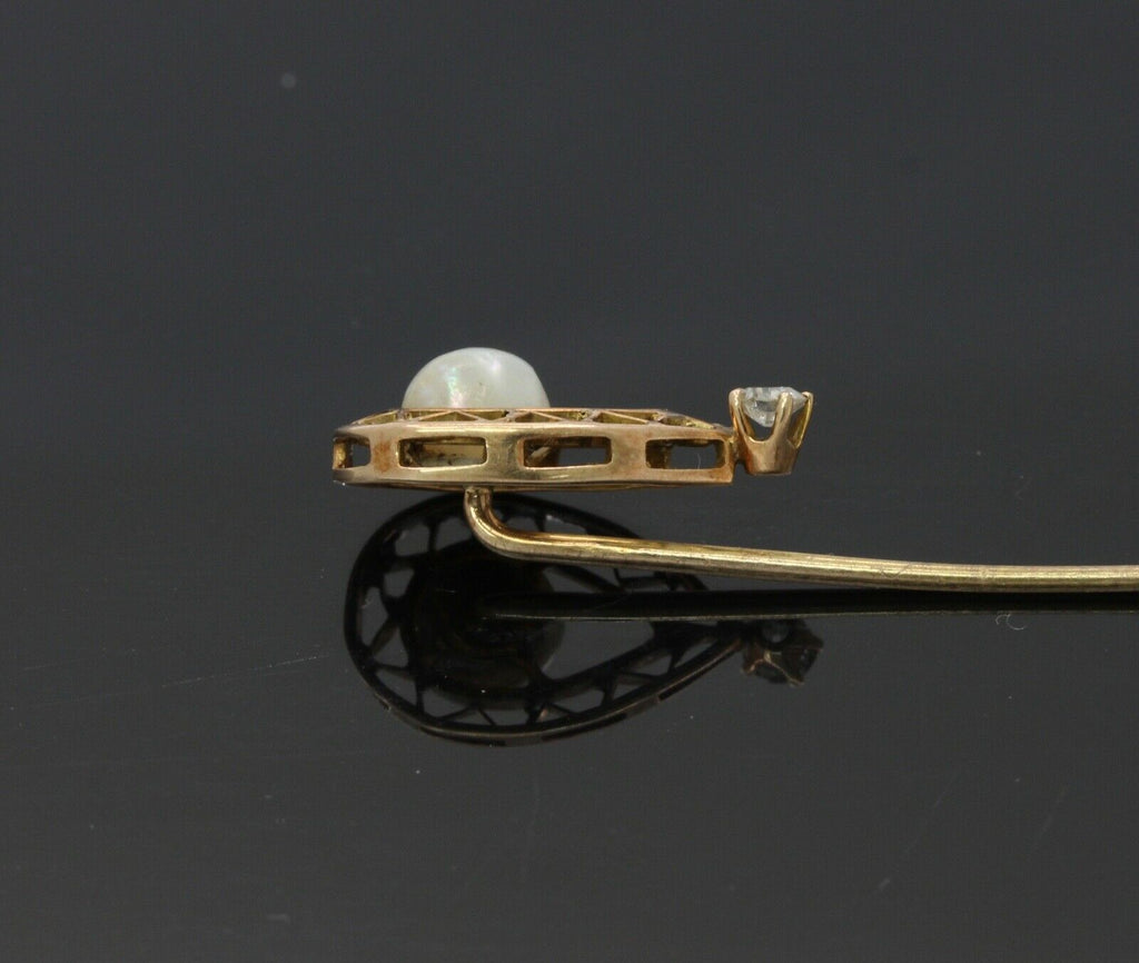 Victorian Ladies 14K Yellow Gold Pearl Diamond Stick Pin