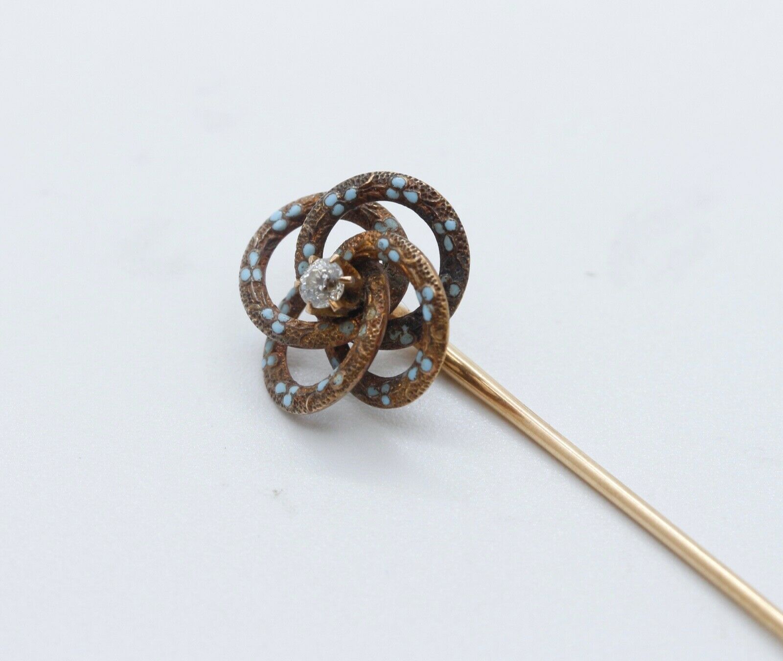 Rare Victorian Diamond Enamel 14K Yellow Gold Stick Pin