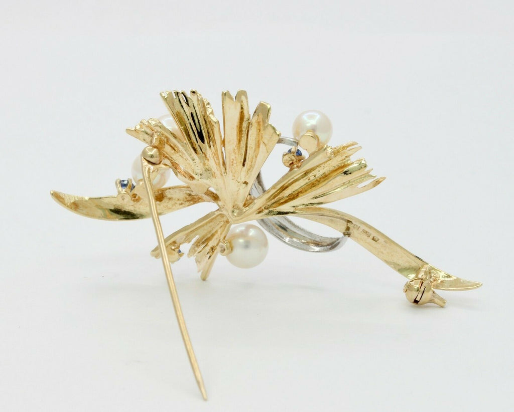 Vintage 14K Yellow Gold Mikimoto Pearl & Sapphire Brooch