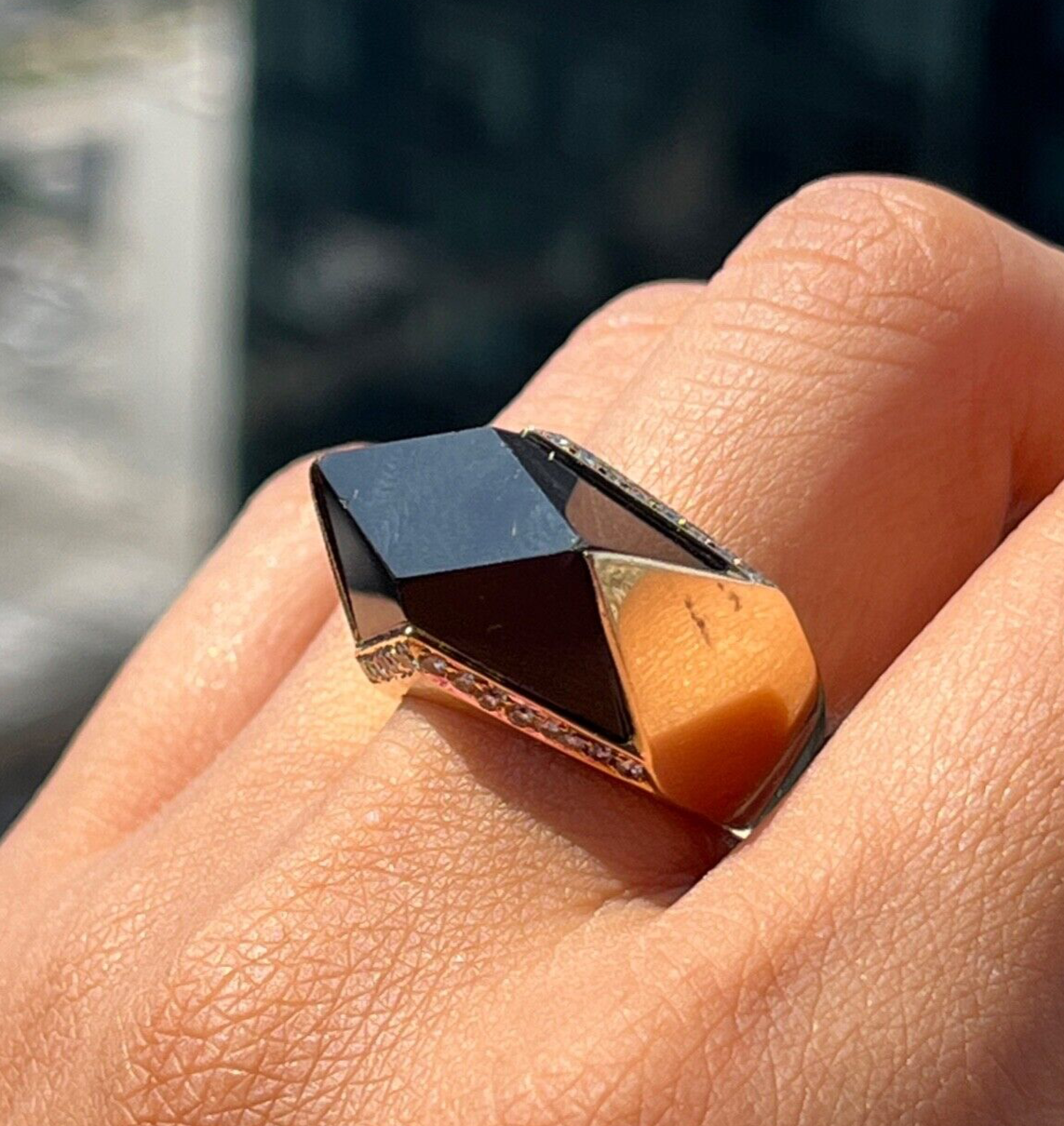 Vintage 14K Yellow Gold Geometric Onyx & Diamond Ring