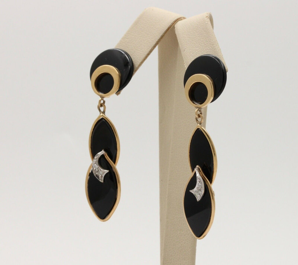 Vintage Funky Onyx 14K Yellow Gold Diamond Dangling Earrings, Drop Earrings.