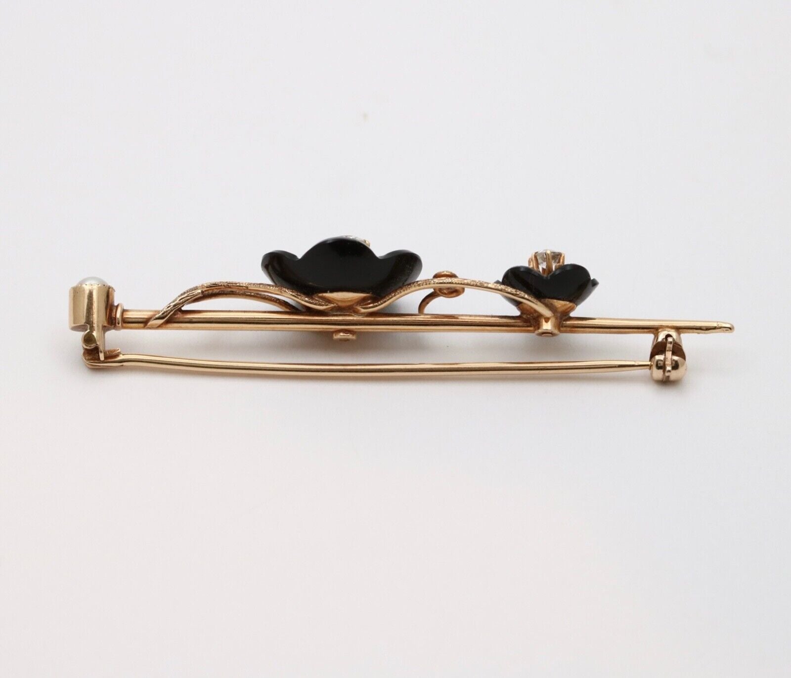 Vintage Diamond Flower 14K Yellow Gold Bar Pin