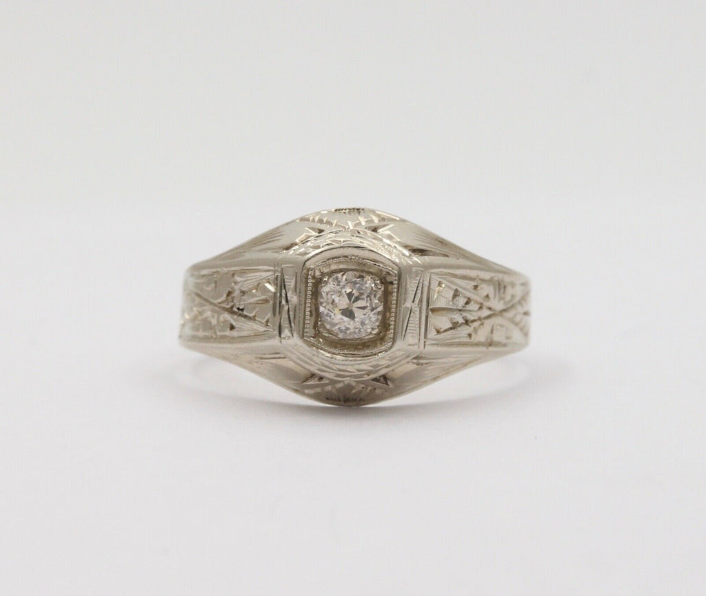 Art Deco Diamond 18K White Gold Ring Band, Engagement Ring