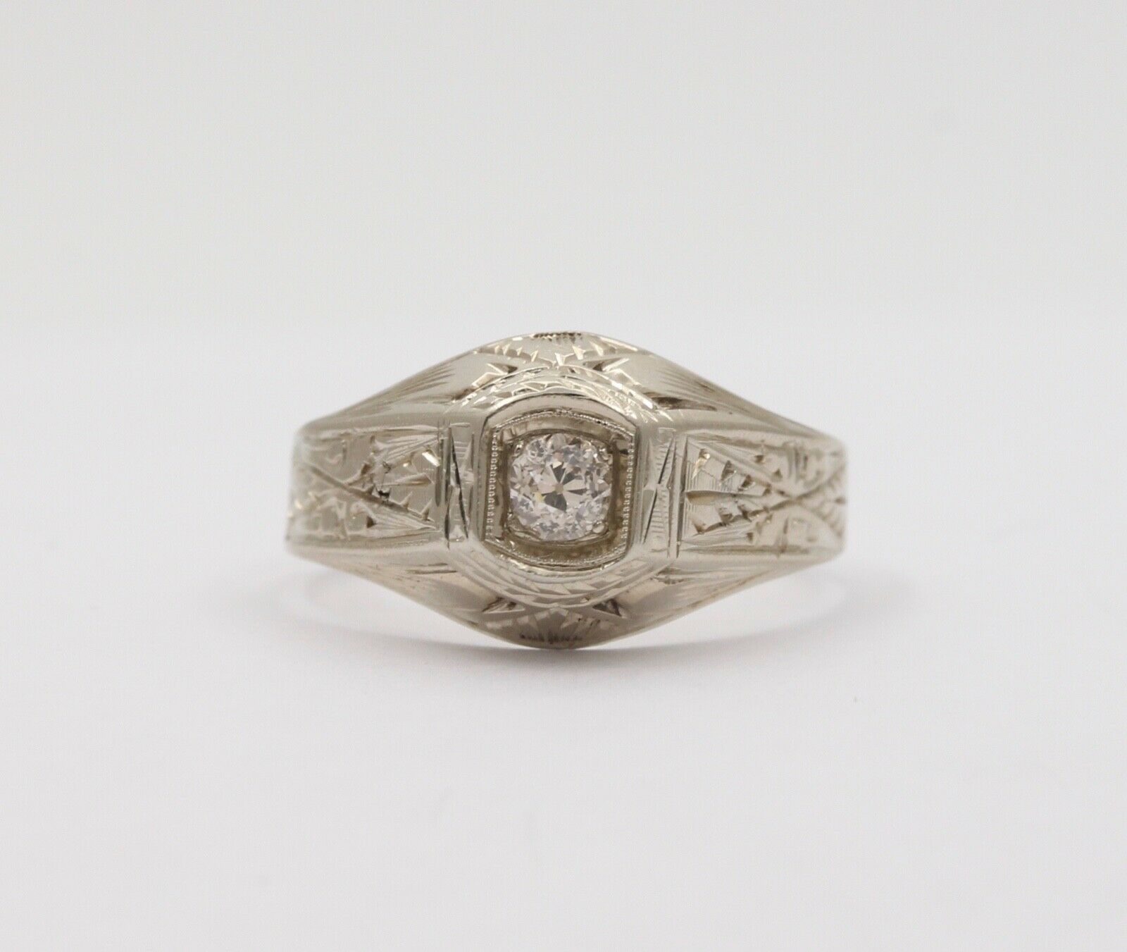 Art Deco Diamond 18K White Gold Ring Band, Engagement Ring