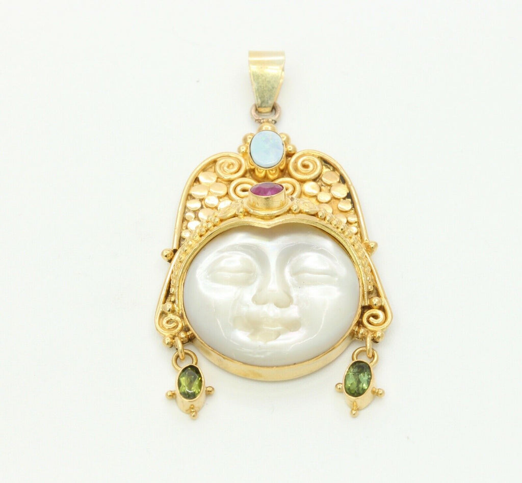 Vintage 18K Yellow Gold Sajen Goddess Face Mother of Pearl Opal Amethyst Peridot