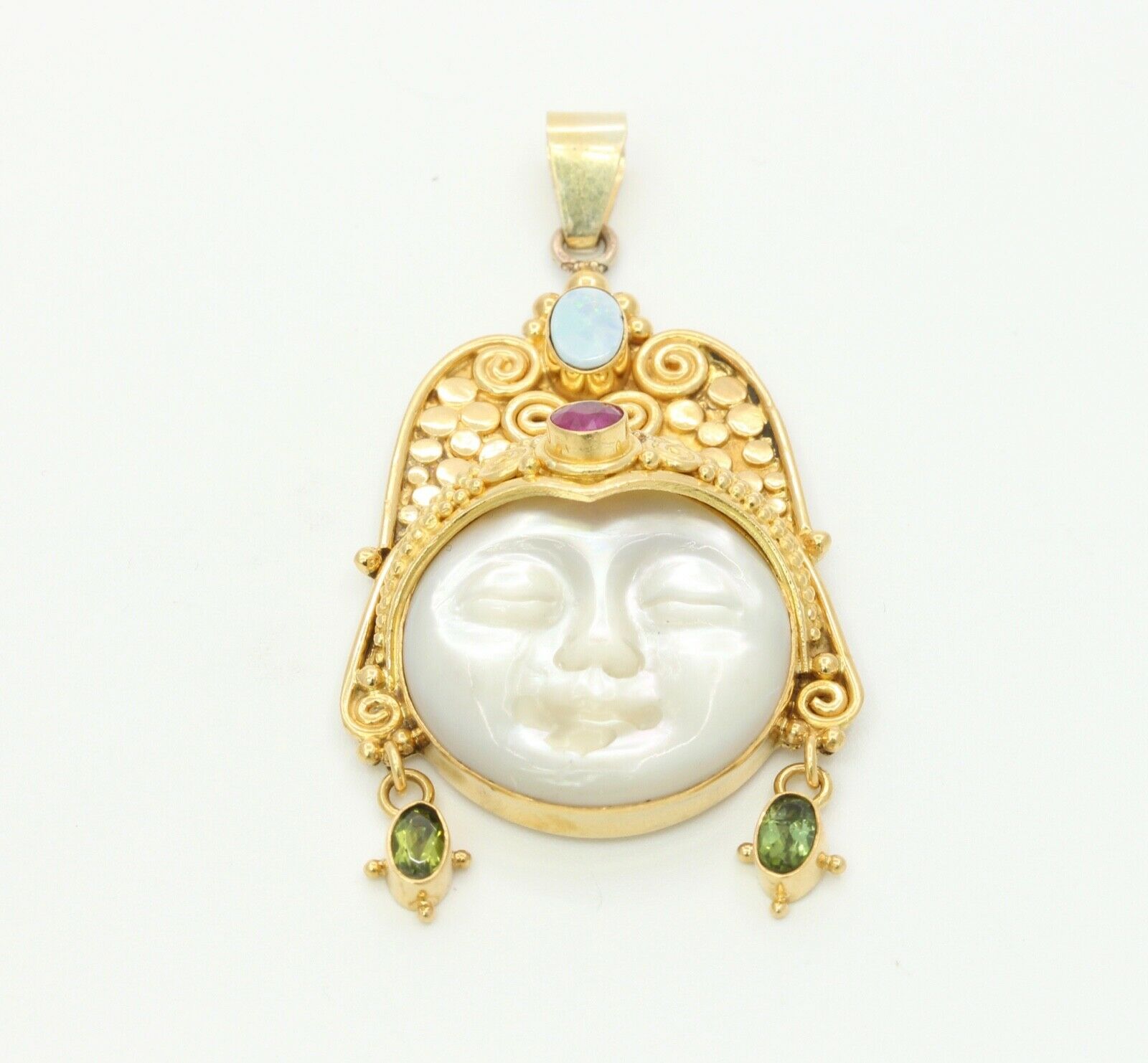Vintage 18K Yellow Gold Sajen Goddess Face Mother of Pearl Opal Amethyst Peridot
