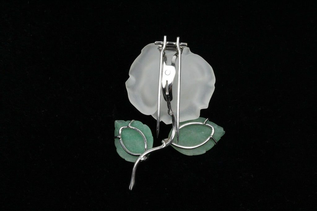 Vintage 14K White Gold Diamond & Jade Carved Rock Crystal Rose Brooch