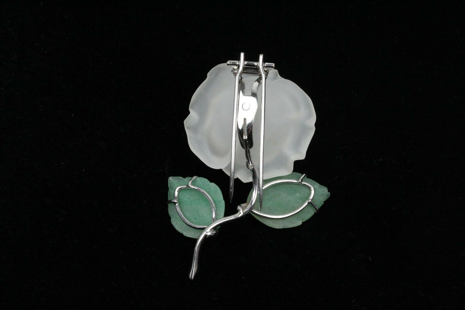 Vintage 14K White Gold Diamond & Jade Carved Rock Crystal Rose Brooch