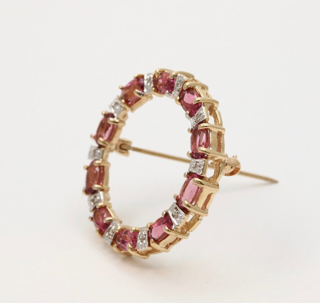 Vintage Pink Tourmaline Diamonds 14K Yellow White Gold Brooch Pin