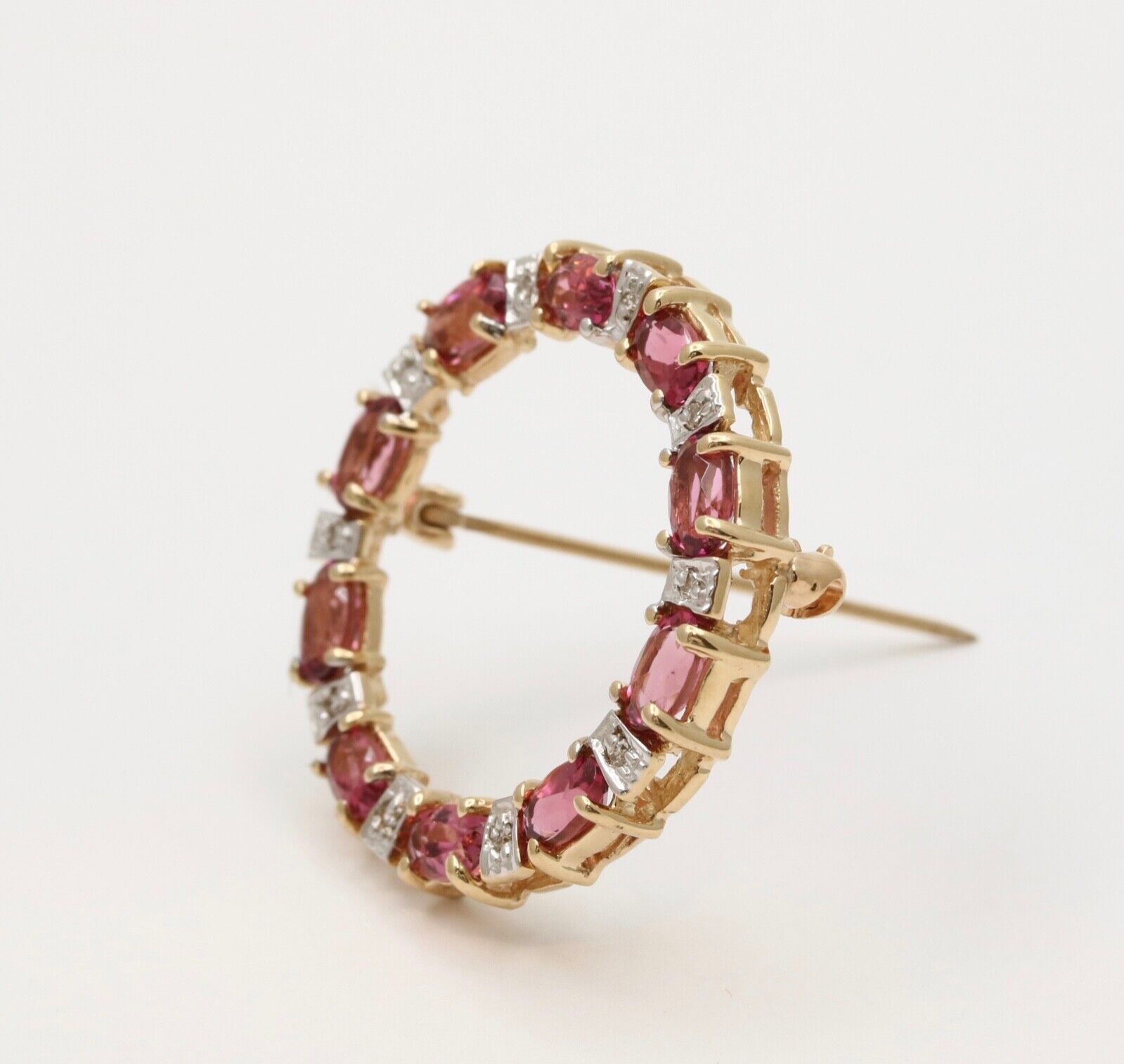 Vintage Pink Tourmaline Diamonds 14K Yellow White Gold Brooch Pin