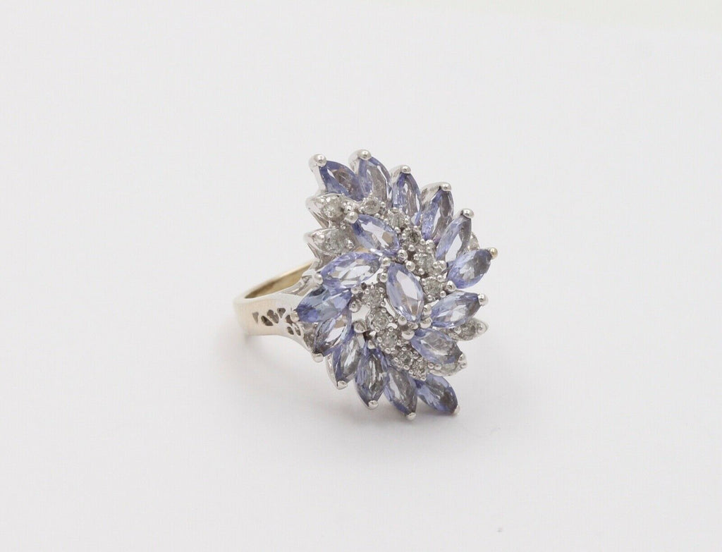 Vintage Tanzanite Diamonds 14K White Gold Pinwheel Cluster Ring