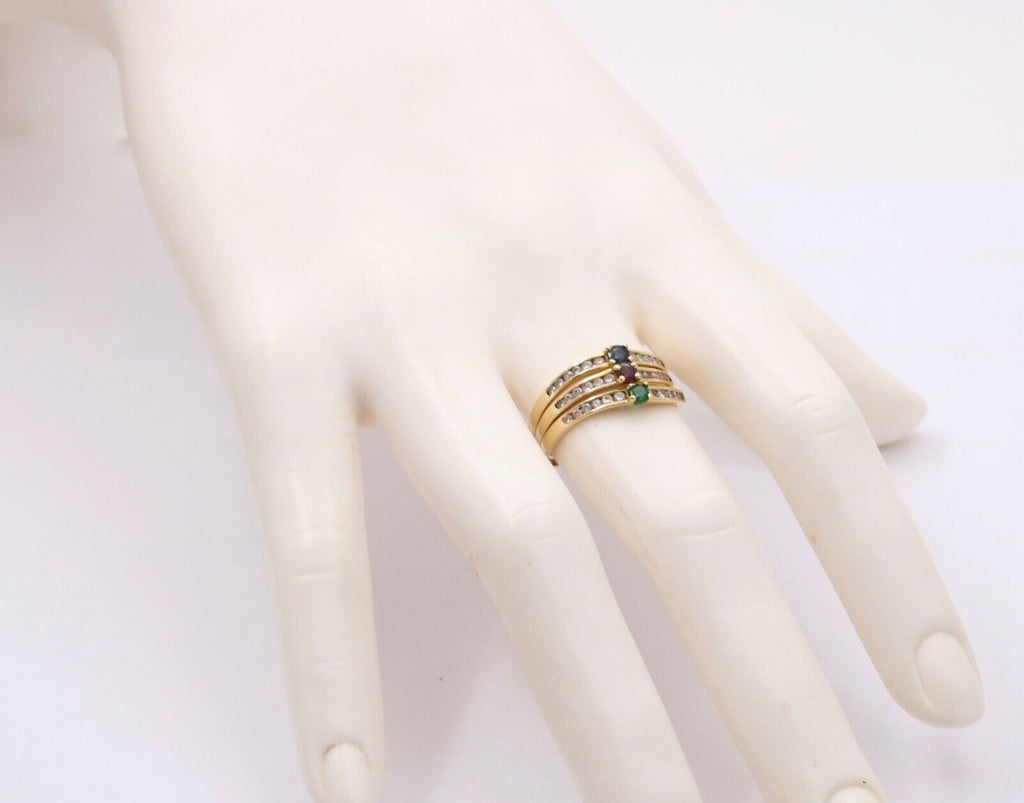 Vintage Trio Stacking Solitaire Emerald Sapphire Ruby 18K Yellow Gold Rings