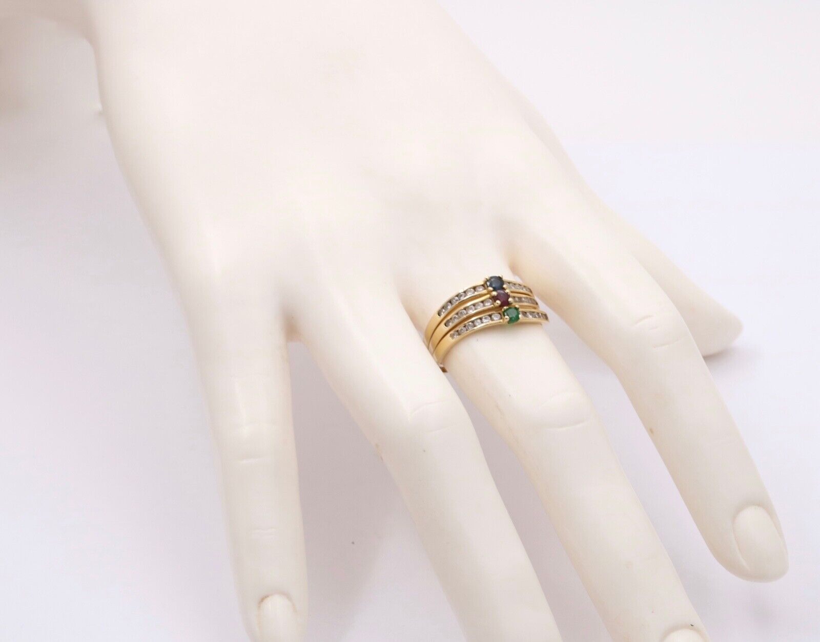 Vintage Trio Stacking Solitaire Emerald Sapphire Ruby 18K Yellow Gold Rings