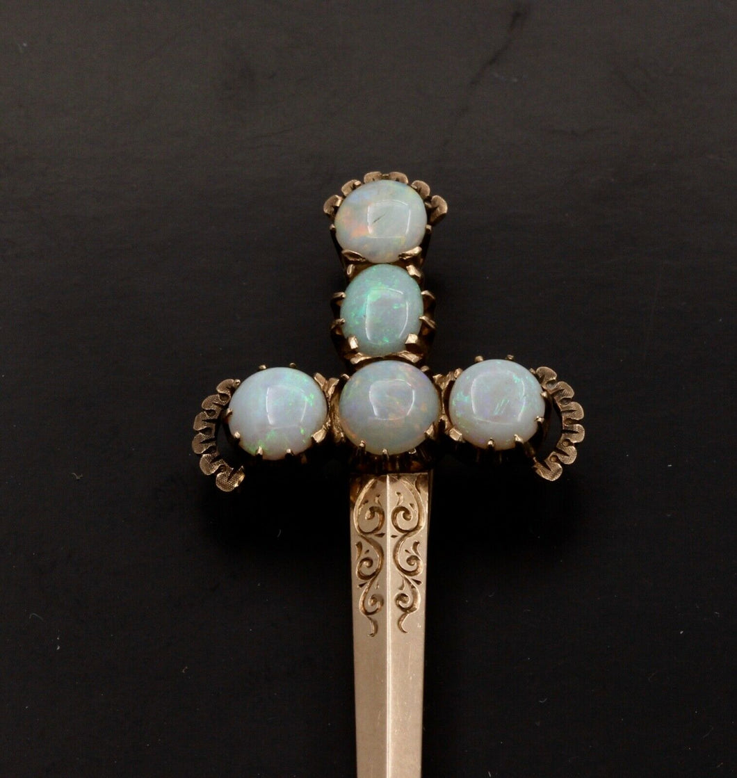 Victorian Edwardian Opals 14K Yellow Gold Broadsword Brooch Pin