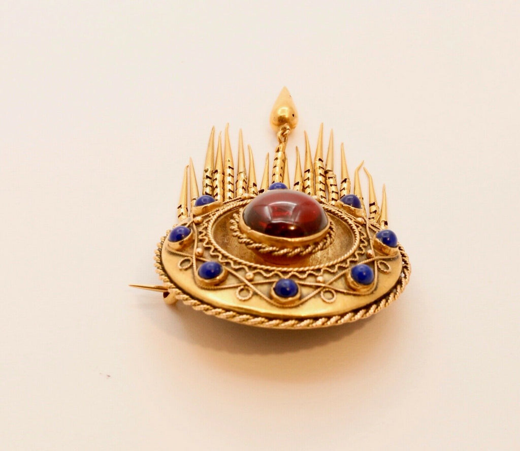 Victorian Memorial Garnet Lapis Lazuli 14K Yellow Gold Brooch Pin