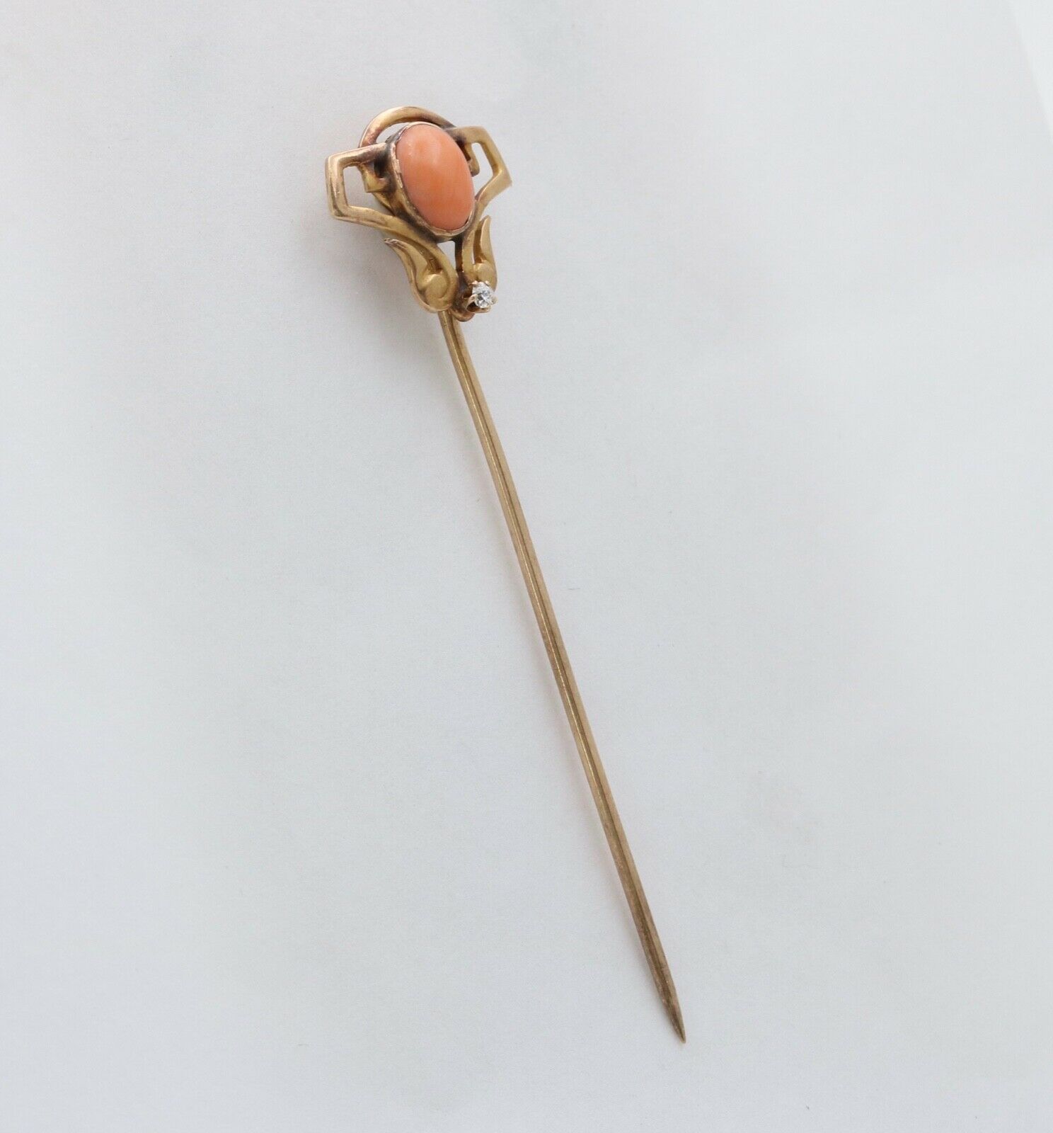 Art Nouveau Coral Diamond 14K Rose Gold Stick Pin