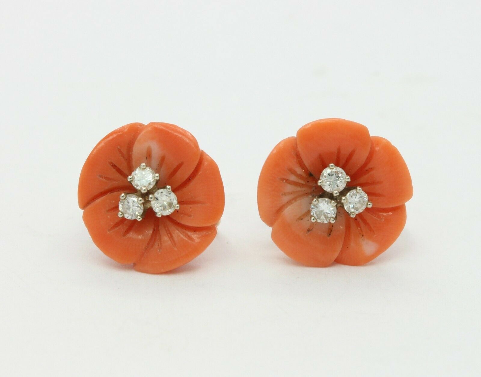 Vintage 14k Yellow Gold Diamond Coral Floral Non Pierced Earrings