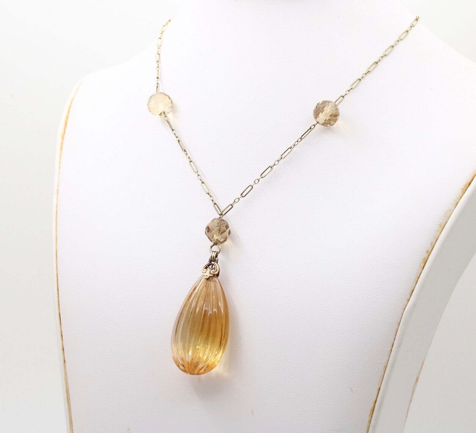 Vintage 14K Yellow Gold Carved Citrine Pendant and Necklace
