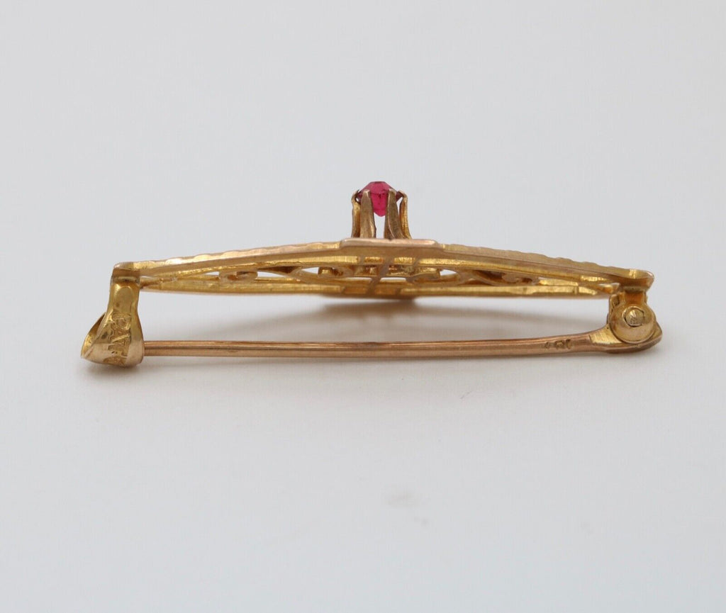 Art Nouveau Ruby 10K Yellow Gold Brooch Pin