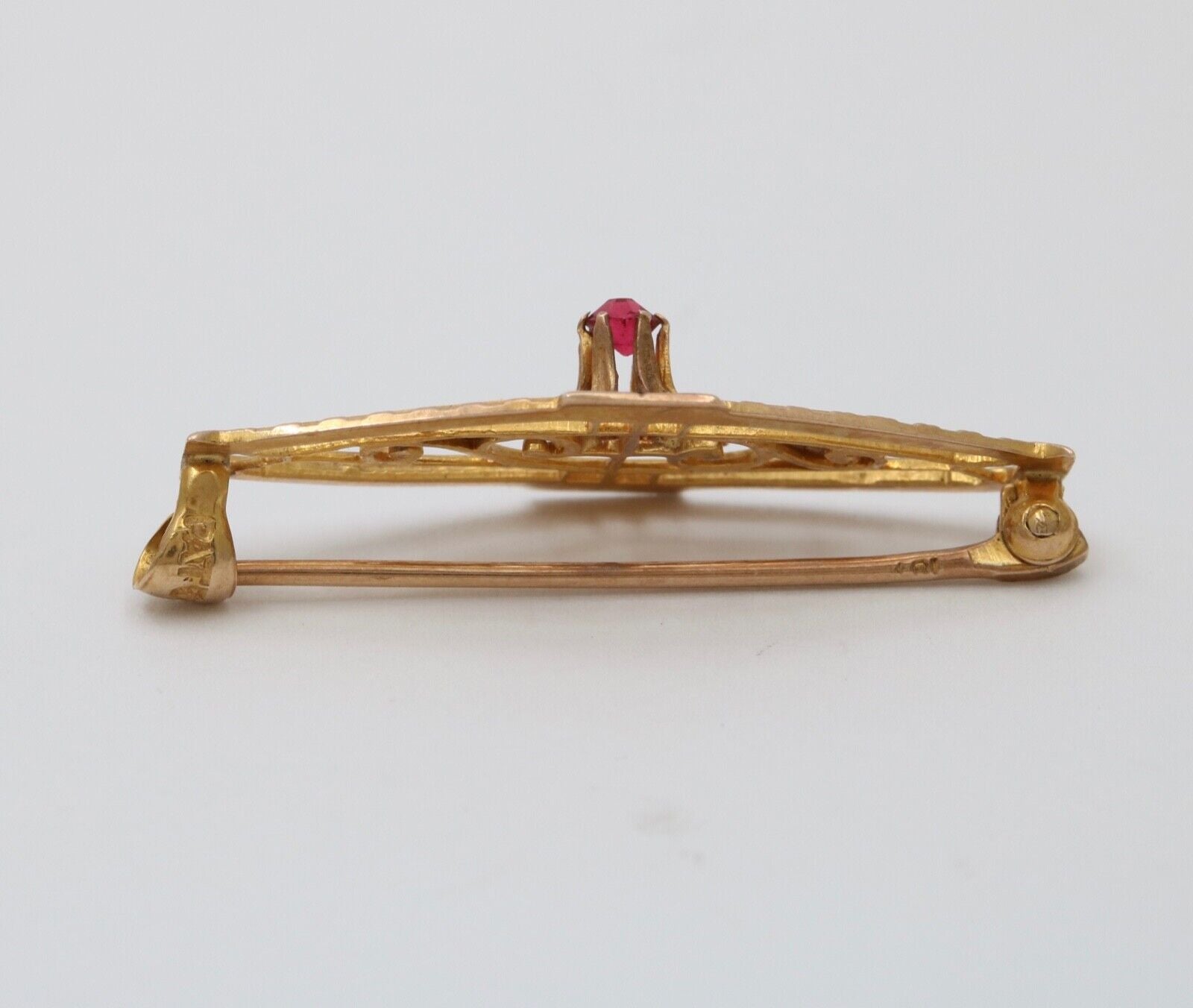 Art Nouveau Ruby 10K Yellow Gold Brooch Pin