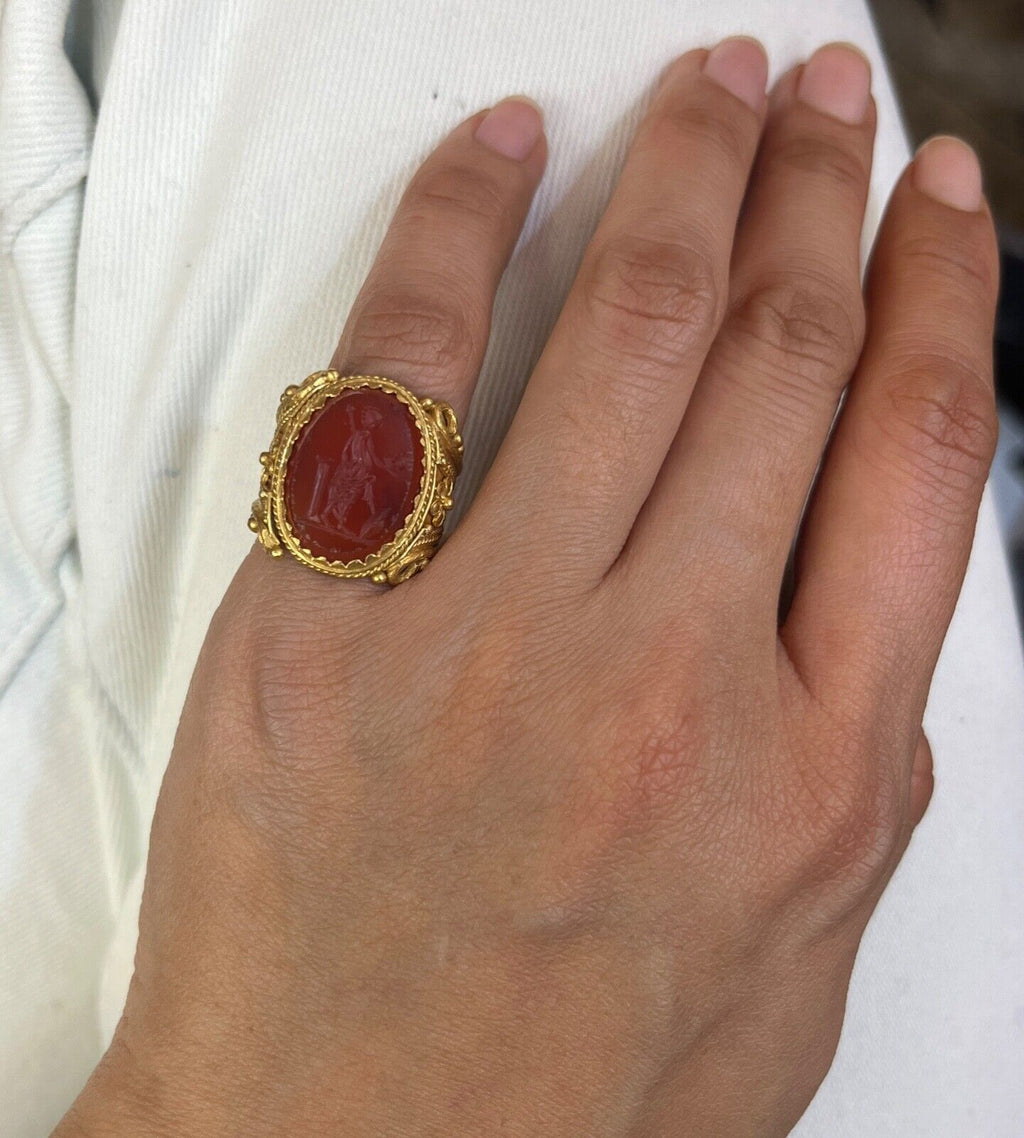 Vintage 22K Yellow Gold Carved Greek Narcissus Intaglio Carnelian Signet.