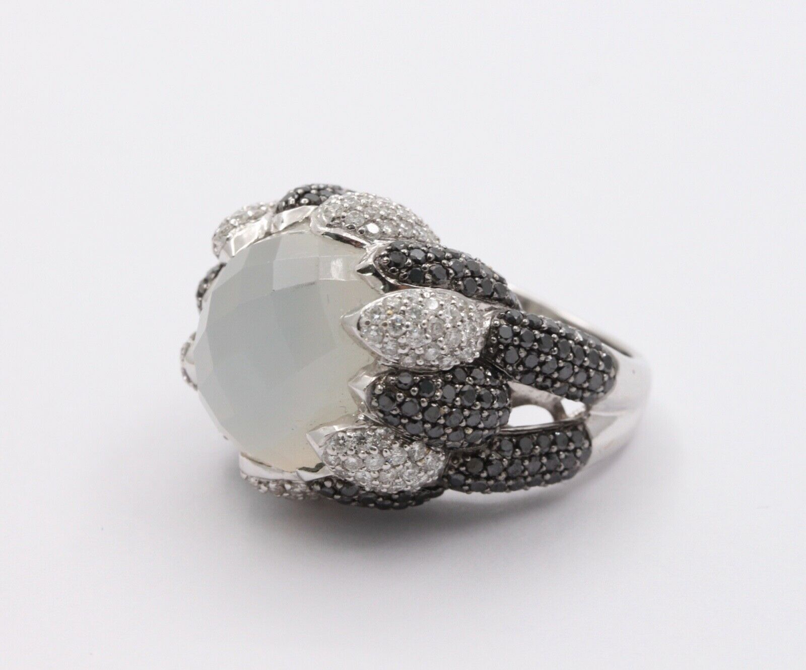 Vintage Milky Quartz White Black Diamonds 18K White Gold Cluster Ring