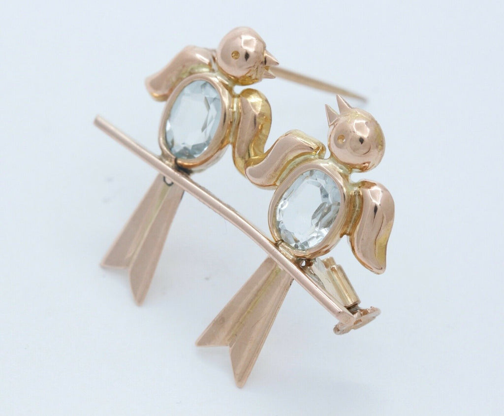 Vintage Lovebirds 18K Rose Gold Aquamarines Brooch Pin