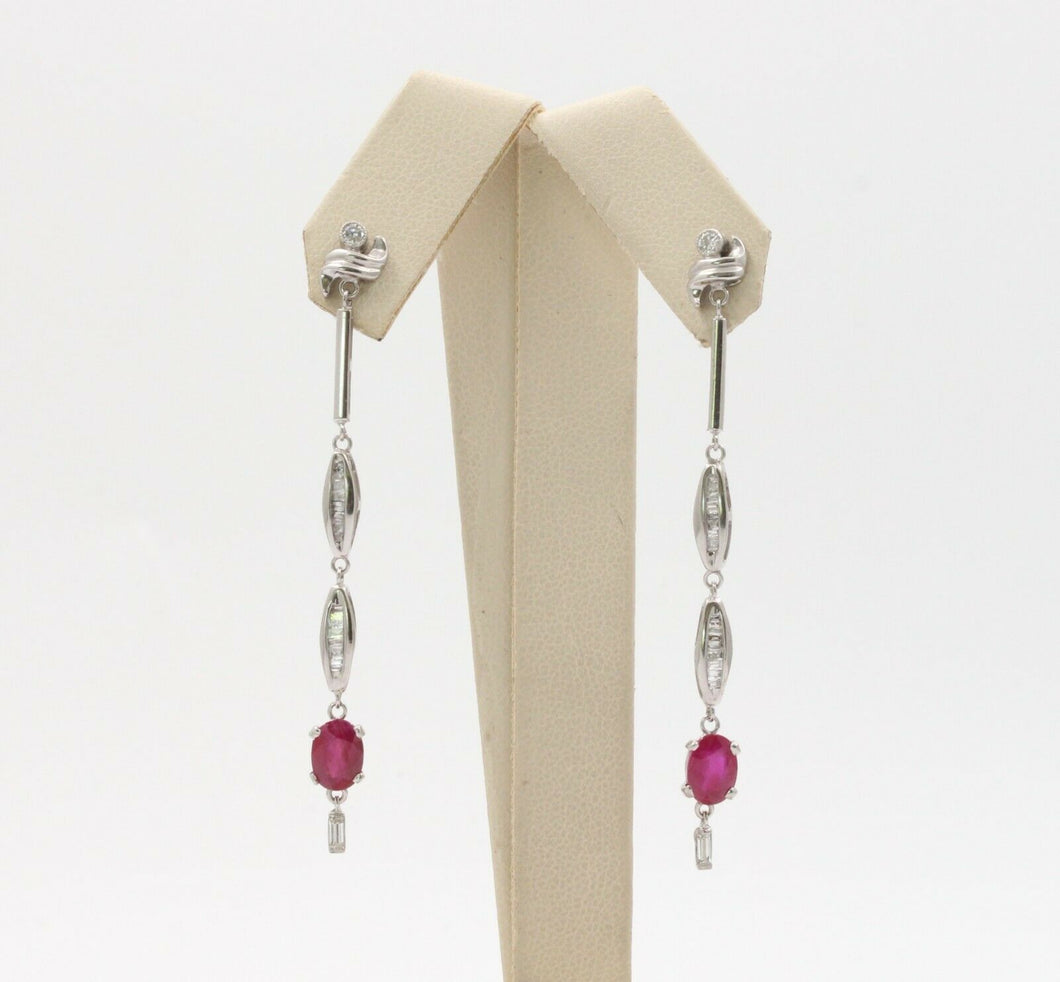 Vintage 14K White Gold Hanging Ruby Diamond Earrings