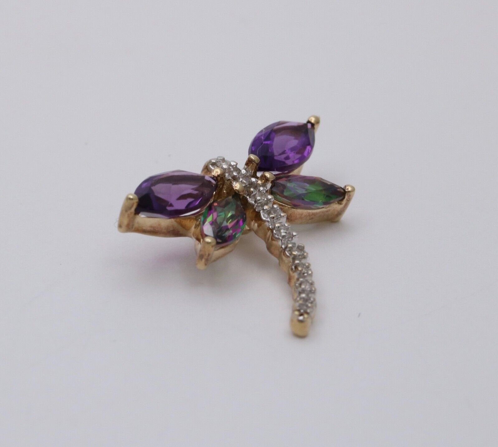 Vintage 10K Yellow Gold Dragonfly Diamond Pendant, Necklace