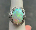 Vintage 1960's Australian Opal and Diamond 14K White Gold Statement Ring