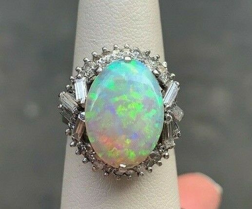 Vintage 1960's Australian Opal and Diamond 14K White Gold Statement Ring